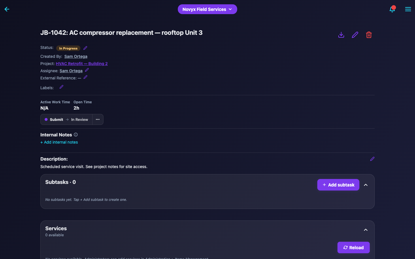 JBTrack task detail with workflow status and actions